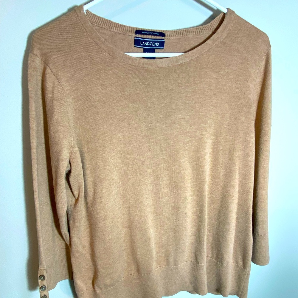 Lands End 100% Supima Cotton Tan 3/4 Sleeve Sweater Petite Medium